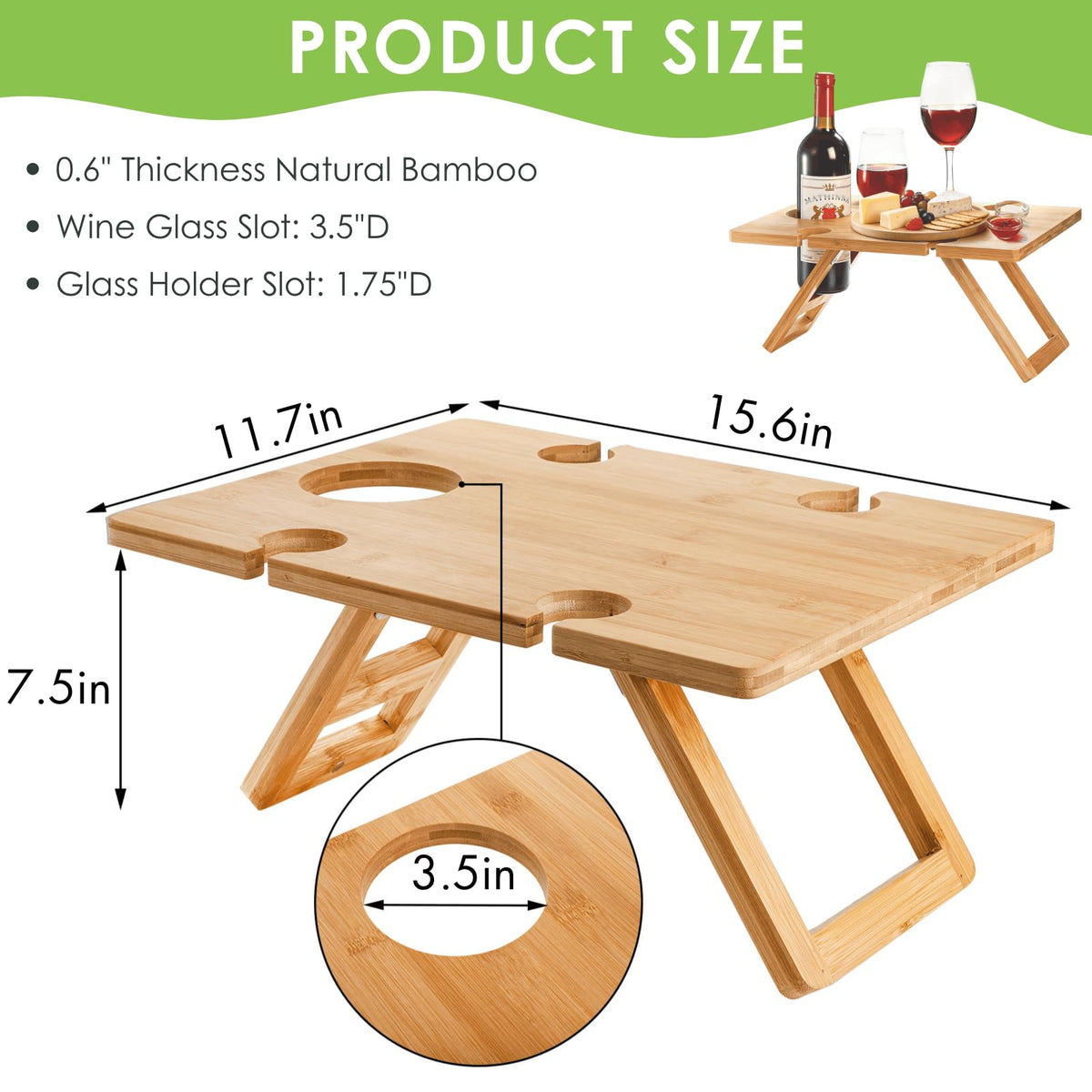 Youeon portable wine picnic table in open setup showing generous surface for snacks and glasses.