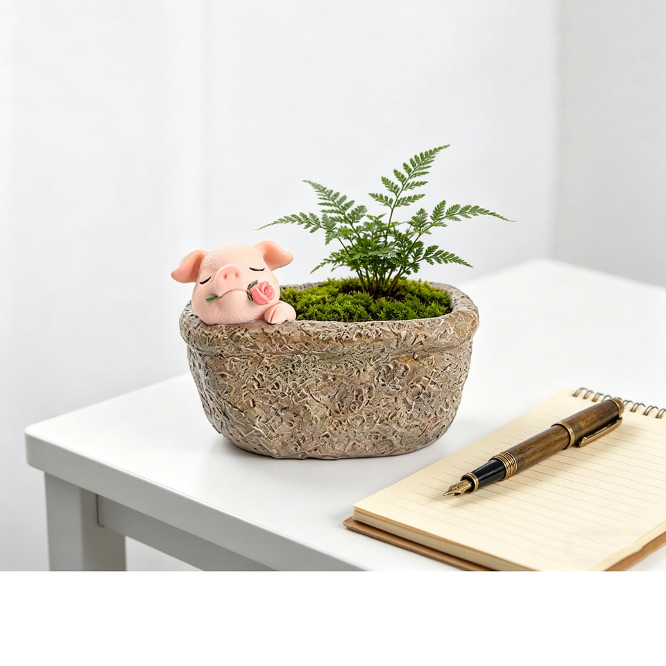 Youfui cute pig gift pot with rose design, ideal for shelves.