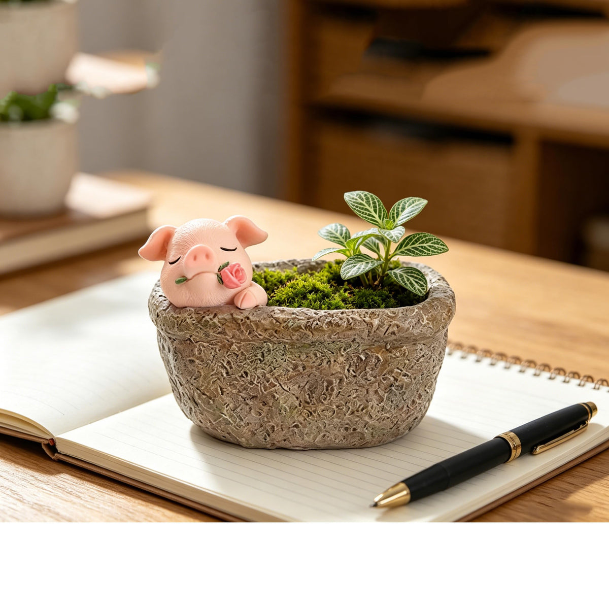 Youfui pig flowerpot on a desk adding whimsical charm.