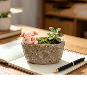Youfui pig flowerpot on a desk adding whimsical charm.