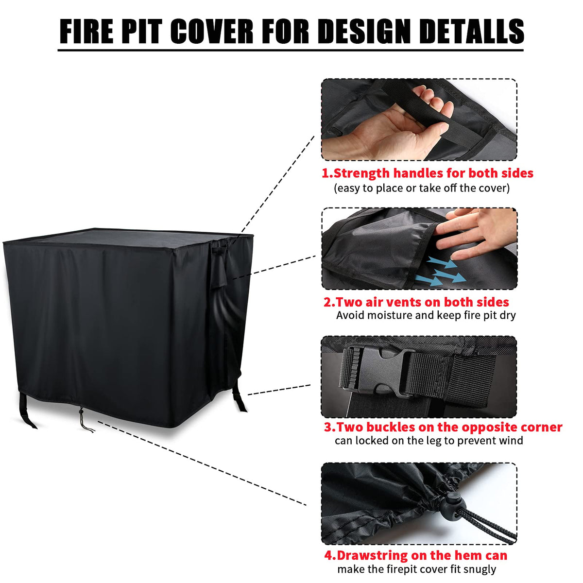 Youlvy fire pit cover waterproof material close-up shows rain protection