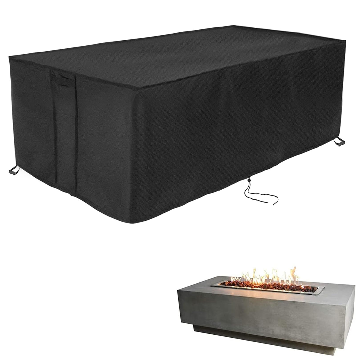 Youlvy rectangular 56-inch fire pit cover protecting from rain and dust.