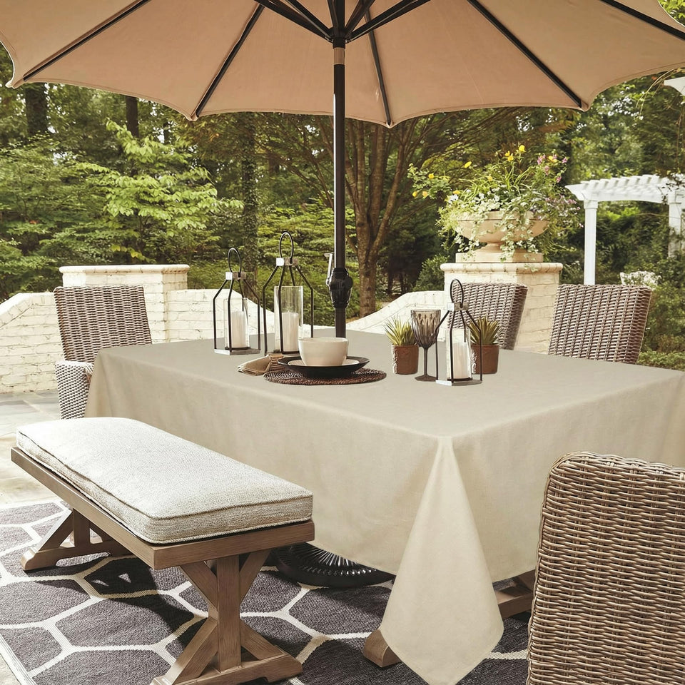 youngseahome outdoor tablecloth umbrella-hole closeup shows zipper access for easy setup