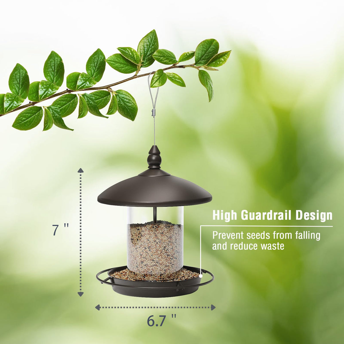 Youvip guardrail seed tray on metal roof bird feeder keeps seeds secure while birds feed.