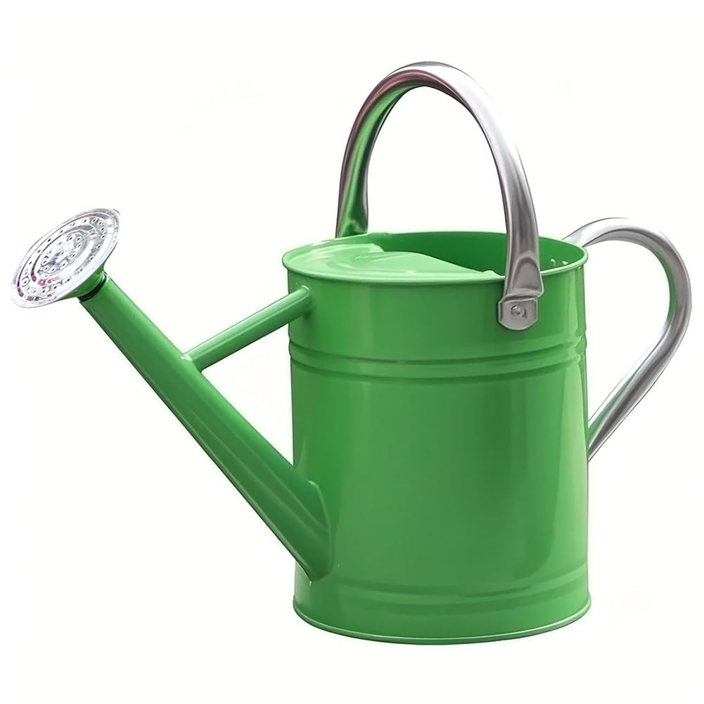 Yourjoy metal watering can with green handle for easy outdoor watering.