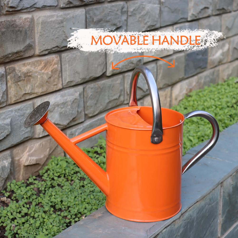 Yourjoy metal watering can used as decorative planter in home or garden.