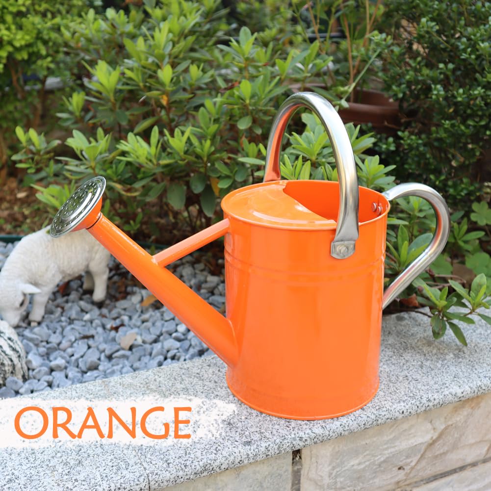 Yourjoy metal watering can in outdoor garden setup ready for plants.