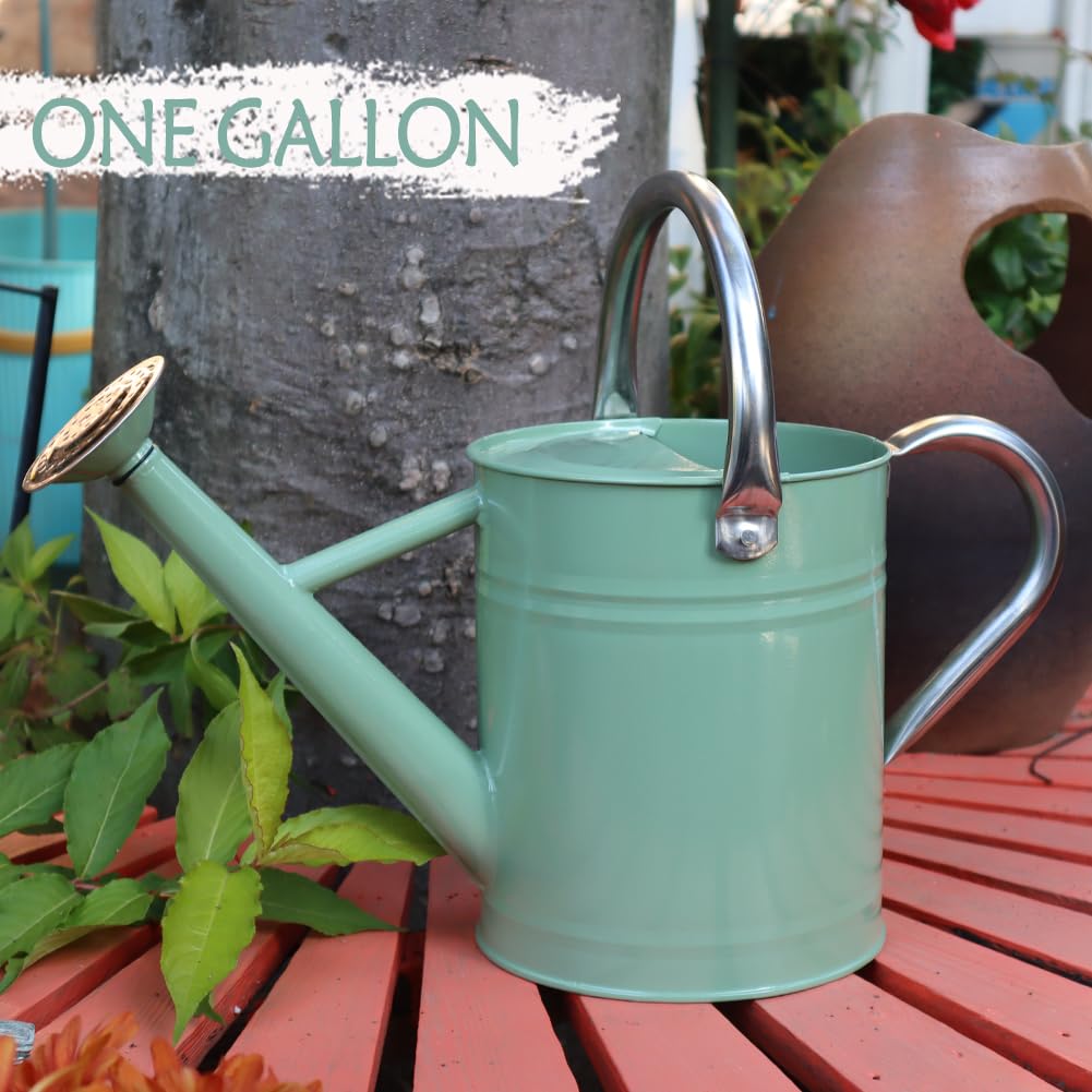 Yourjoy cream-green watering can close-up showing sturdy handle and finish