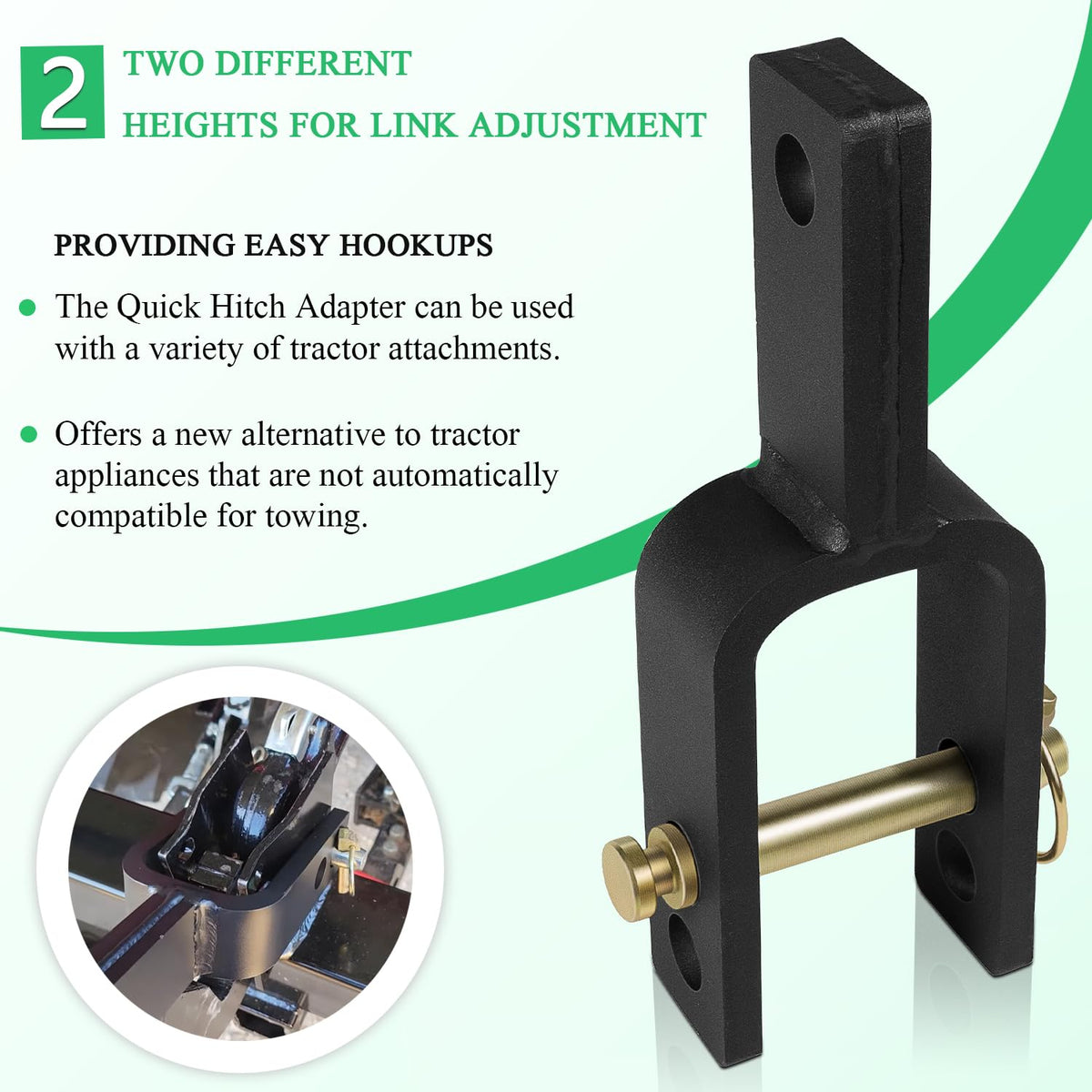 Yoursme quick hitch adapter with two height options for varied attachments.