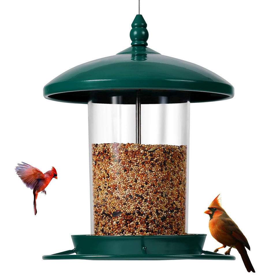 Youvip metal bird feeder outdoors green featuring chew-proof design and weatherproof protection.