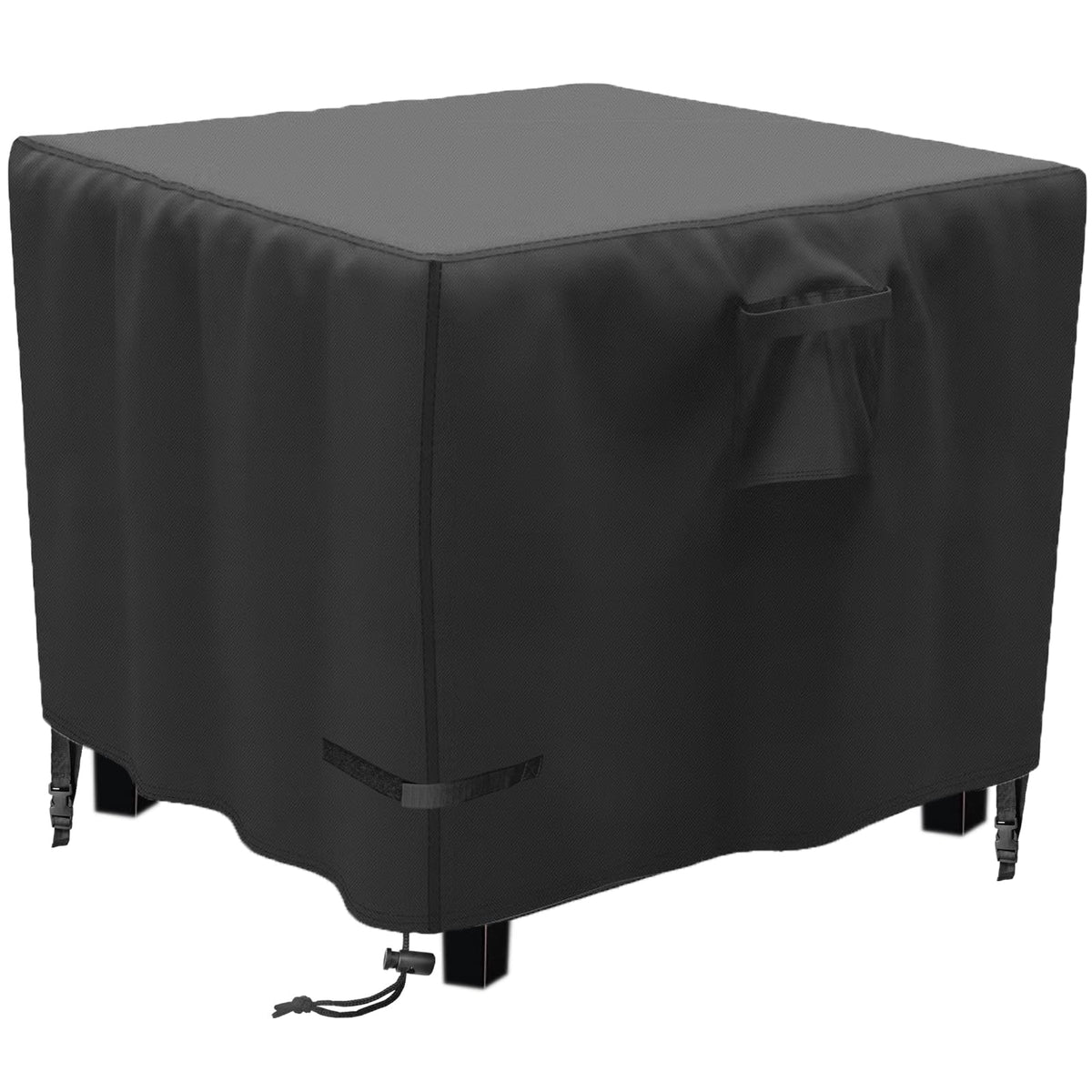 YOWDUTY square fire pit cover protecting a 32-inch table from rain and debris