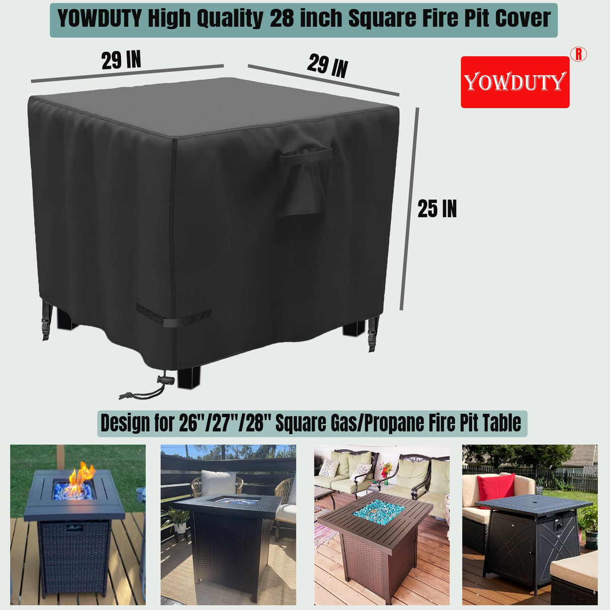 YOWDUTY waterproof 600D fire pit cover keeps moisture out.
