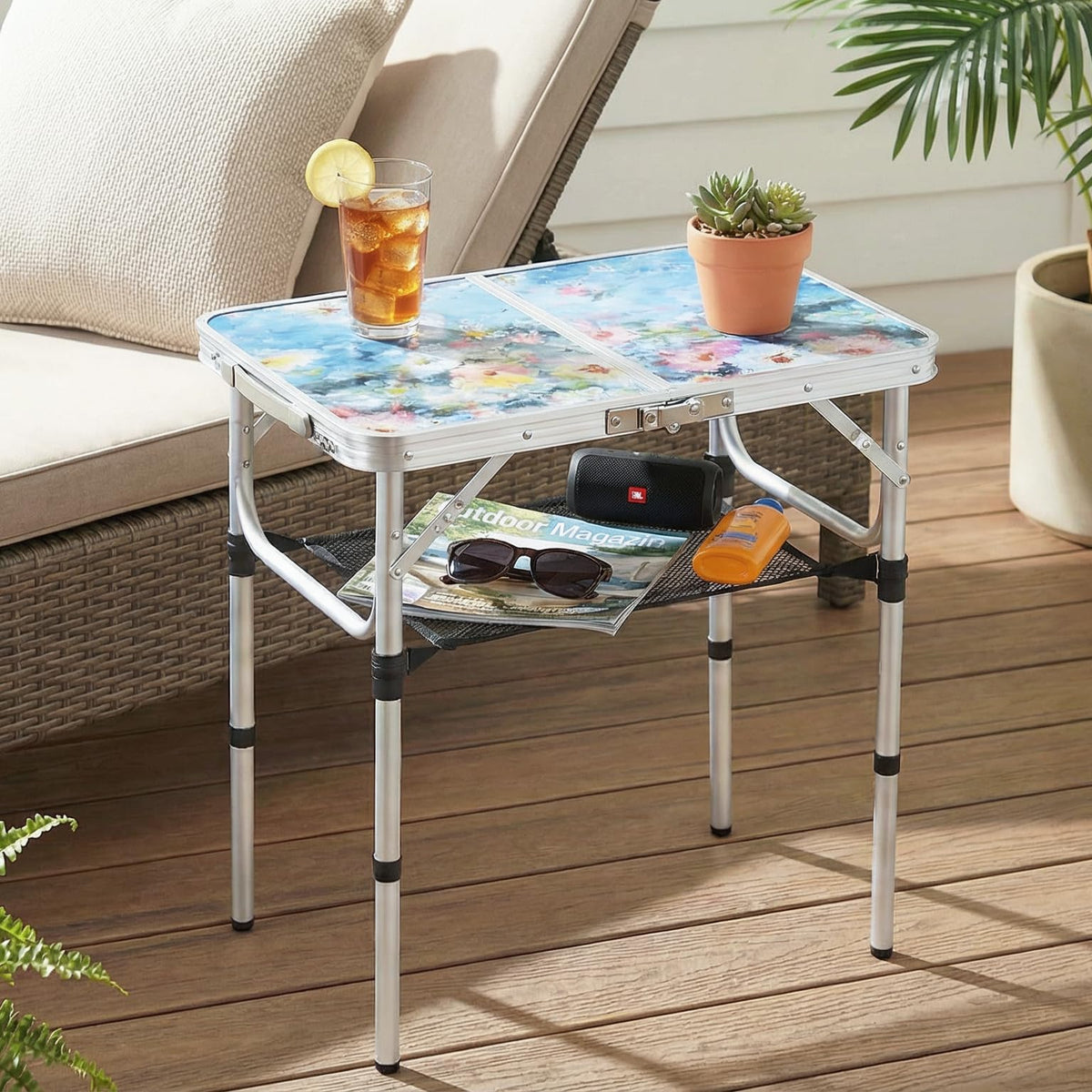 Folded Yriuat table compactly stores for travel and storage