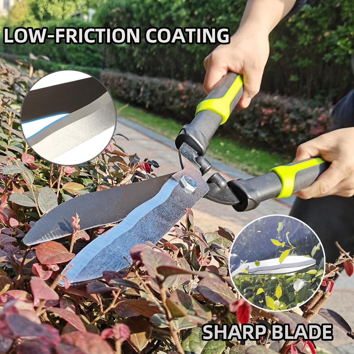 YRTSH hedge clippers with low friction coating glide smoothly for clean pruning