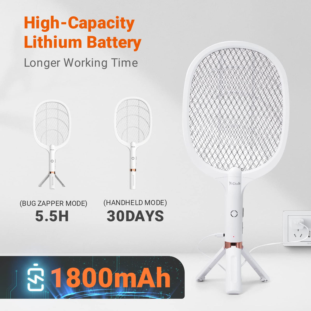 YsChois rechargeable bug zapper racket charging port and 1800mAh battery