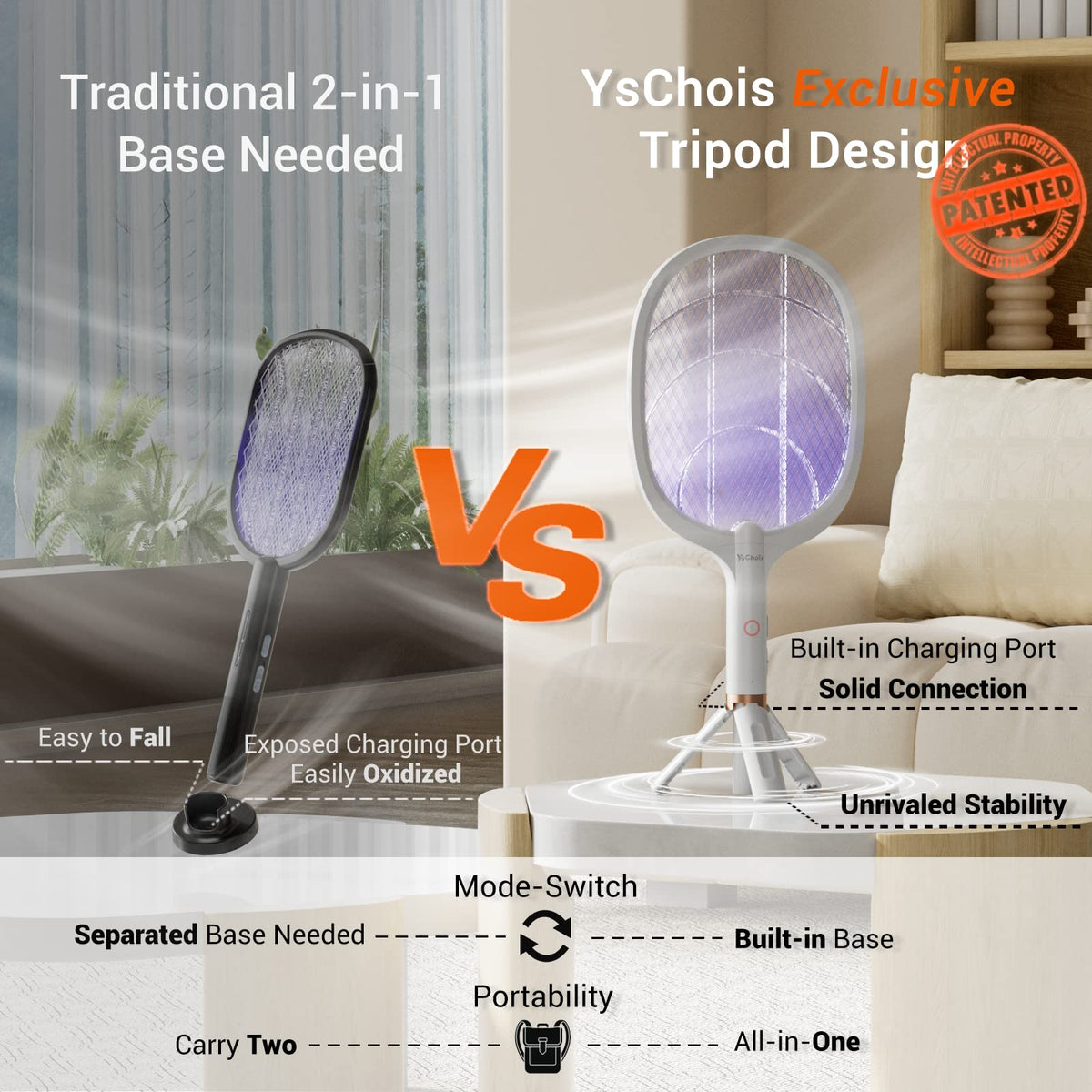 YsChois electric fly swatter at night with UV lights attracting insects