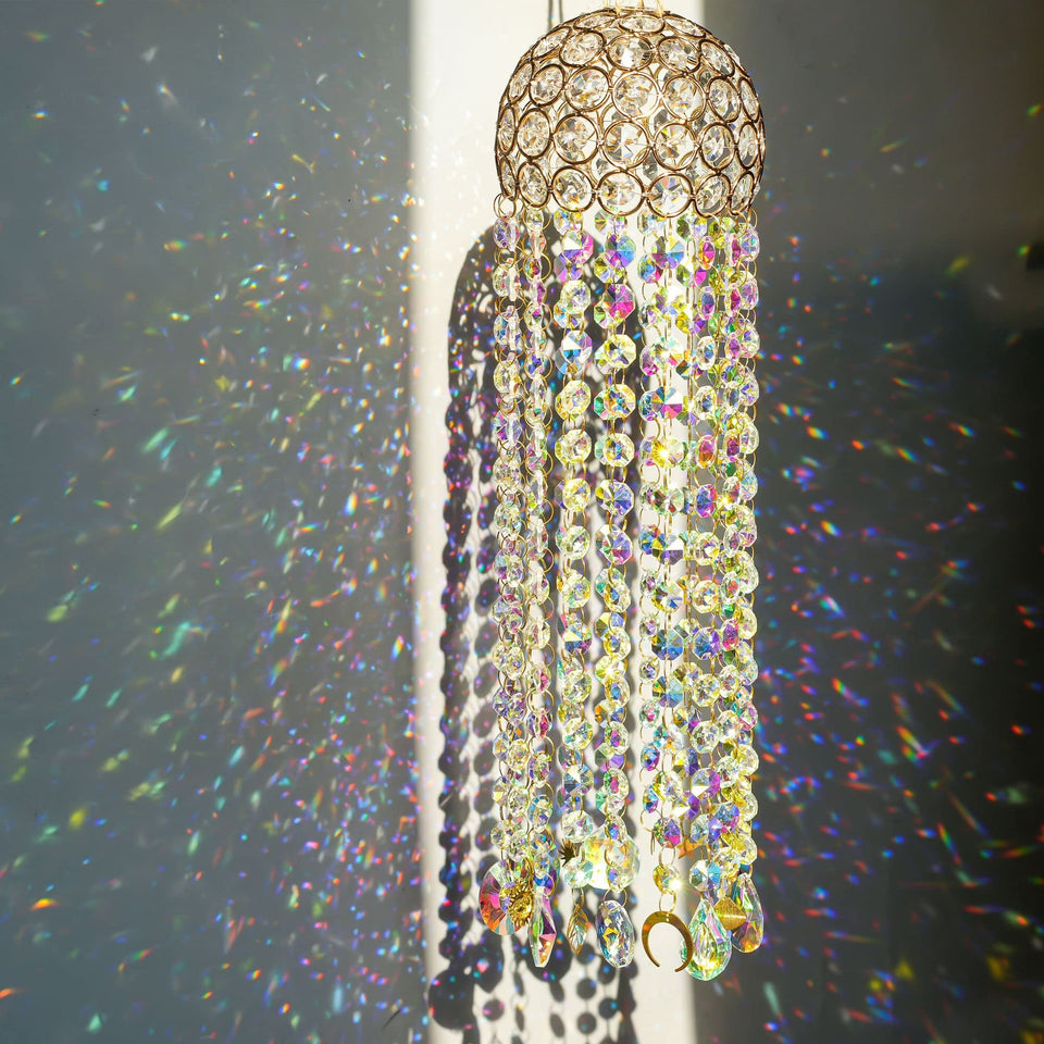 YU FENG crystal chandelier wind chimes prisms sparkle in sunlight to cast rainbows