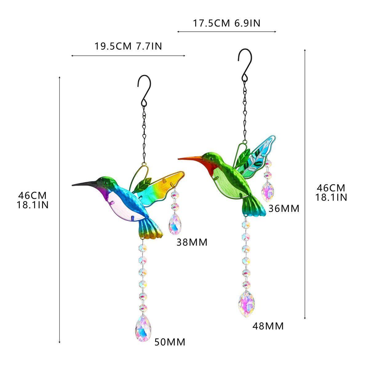 YU FENG hummingbird suncatcher in outdoor garden casting reflections on greenery.