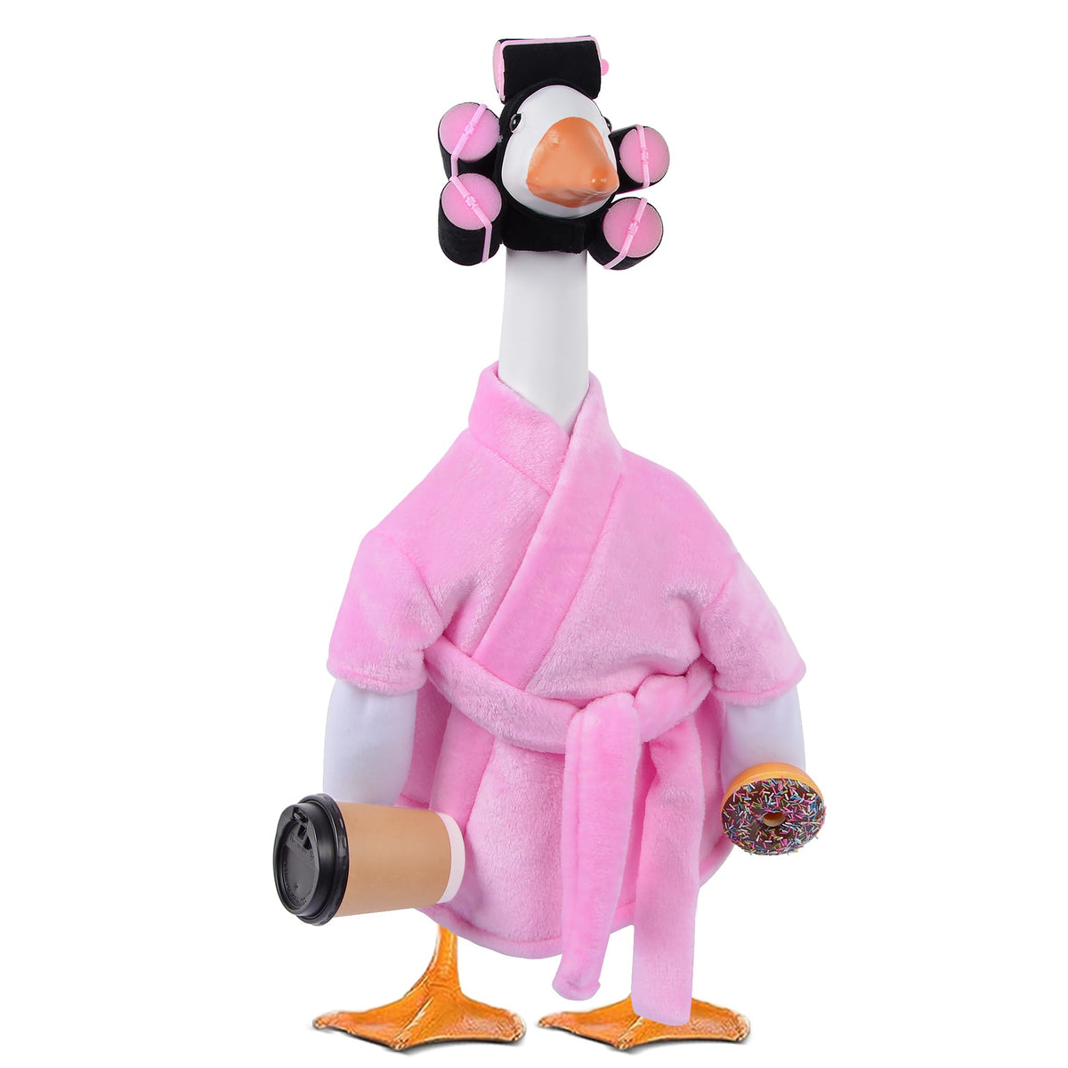 Yuboo 23-inch pink bathrobe goose outfit enhances porch decor with a playful, eye-catching look.