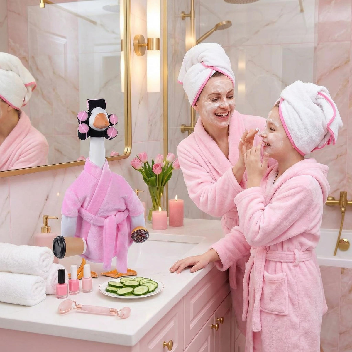 Yuboo coffee cup prop complements the pink bathrobe for a spa day vibe.