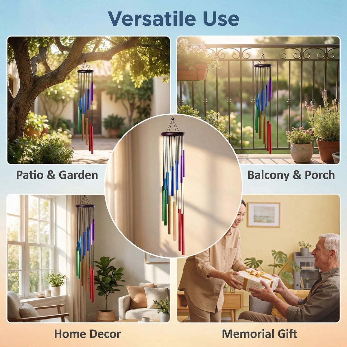 Yucime wind chimes with color variety enhance porches and balconies.
