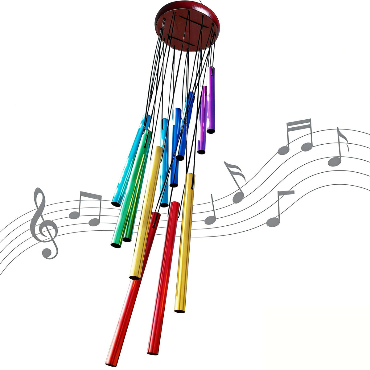 Yucime wind chimes outside with colorful 12-tube aluminum design, ideal for patio ambience.