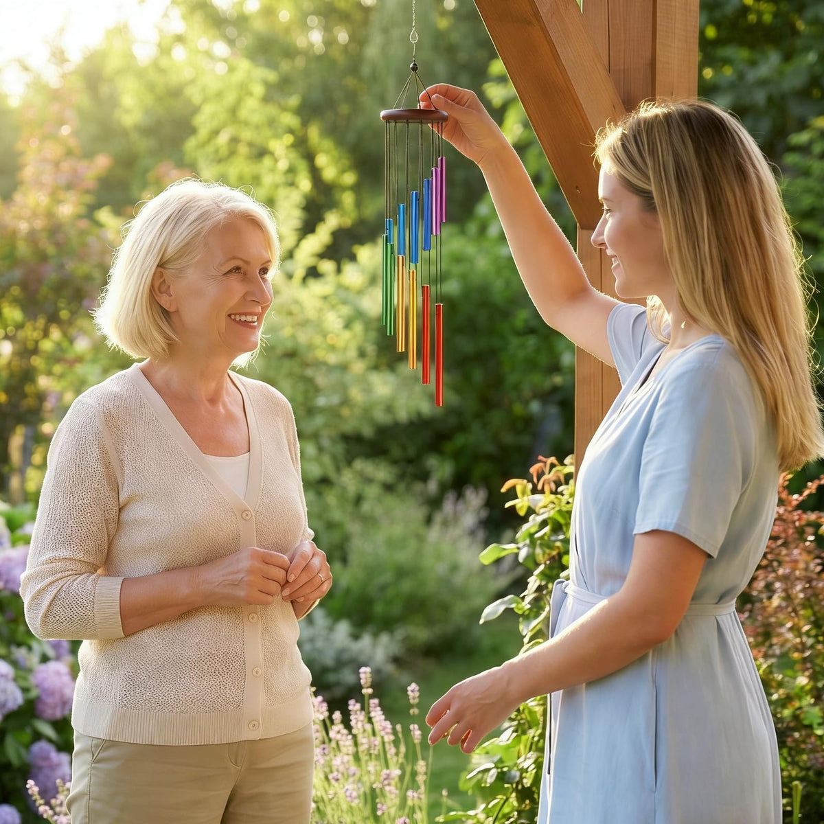 Yucime wind chimes catch breeze outdoors for relaxing moments.