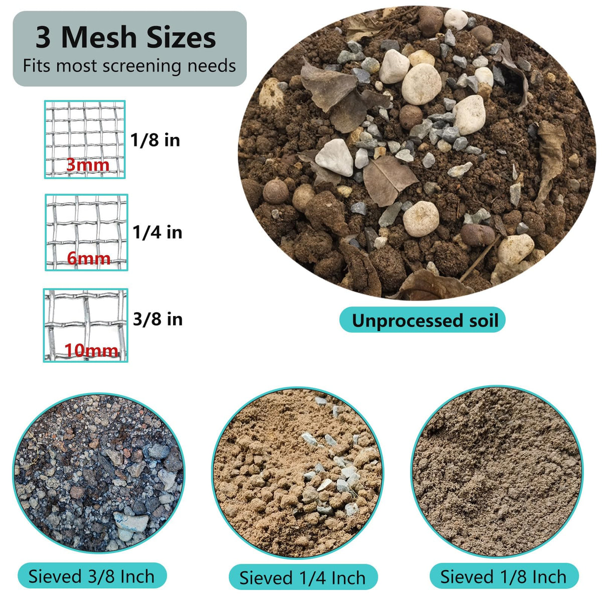 YUEBM Sifter 6mm mesh detail for precise soil and compost particle size.