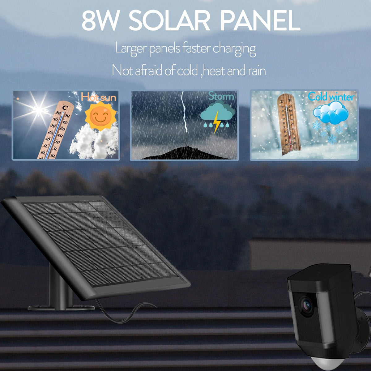 YUELAN 8W solar charger for Ring Spotlight Cam Plus; reliable outdoor energy source