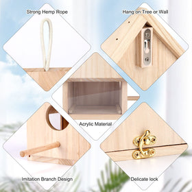 YUEPET natural wood bird house shows detailed perch for small birds.