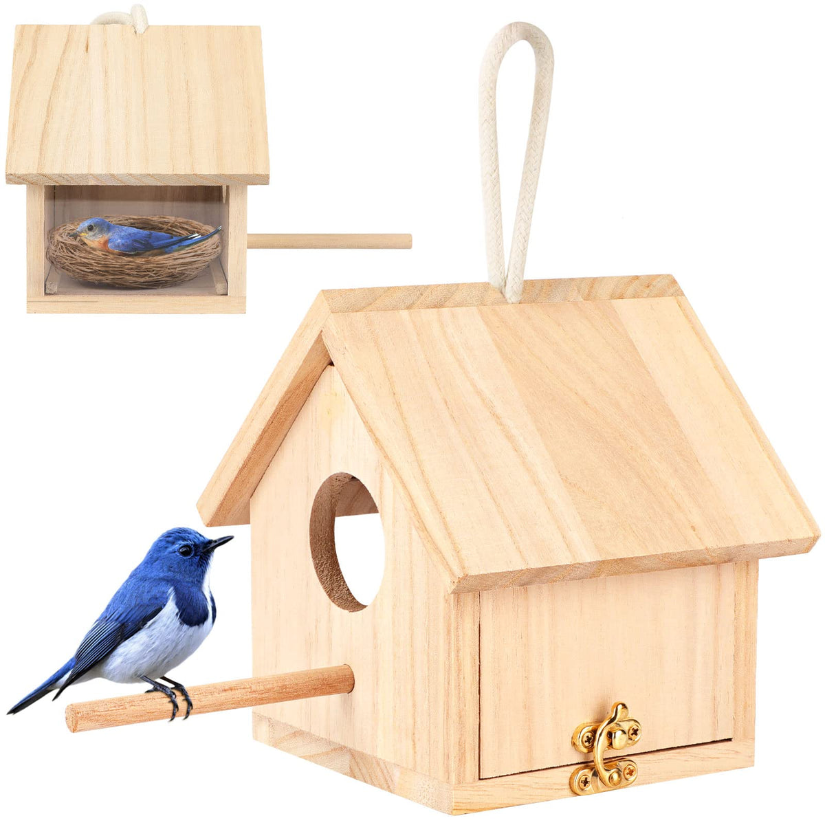 YUEPET transparent wooden bird house for outdoor hanging with easy bird watching.