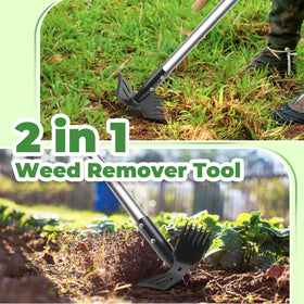 YUJOIBAN 2-in-1 weed rake and hoe head in action for efficient gardening.