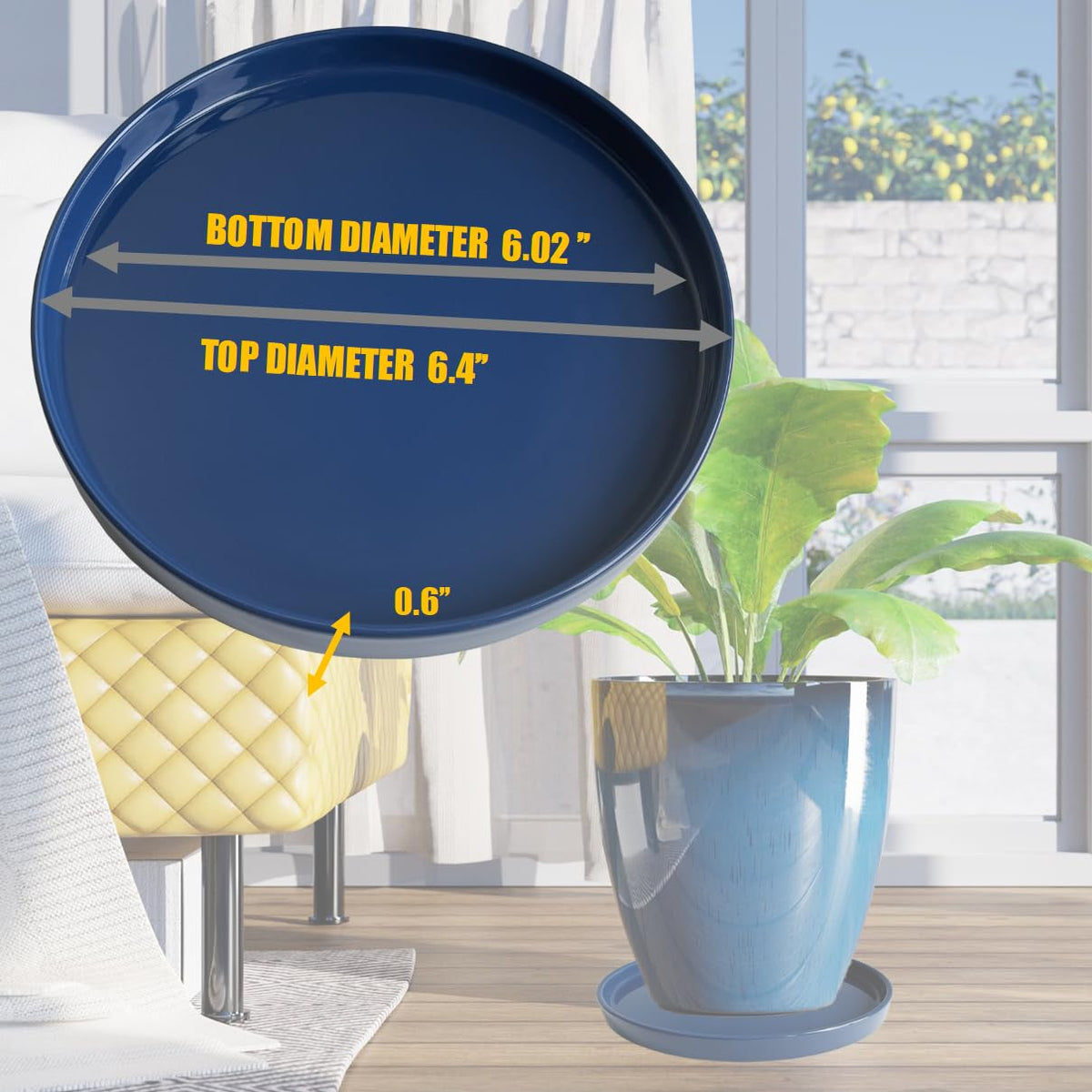 Yukfona ceramic saucer 6-inch blue side angle view for sturdy drainage.