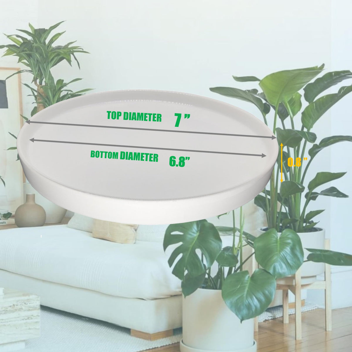 White glazed Yukfona saucer for 7-inch pots supports drainage and keeps spaces clean.