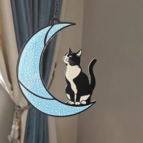 YULAIKUAI cat moon suncatcher side view showcases durable glass and elegant silhouette for year-round decor.