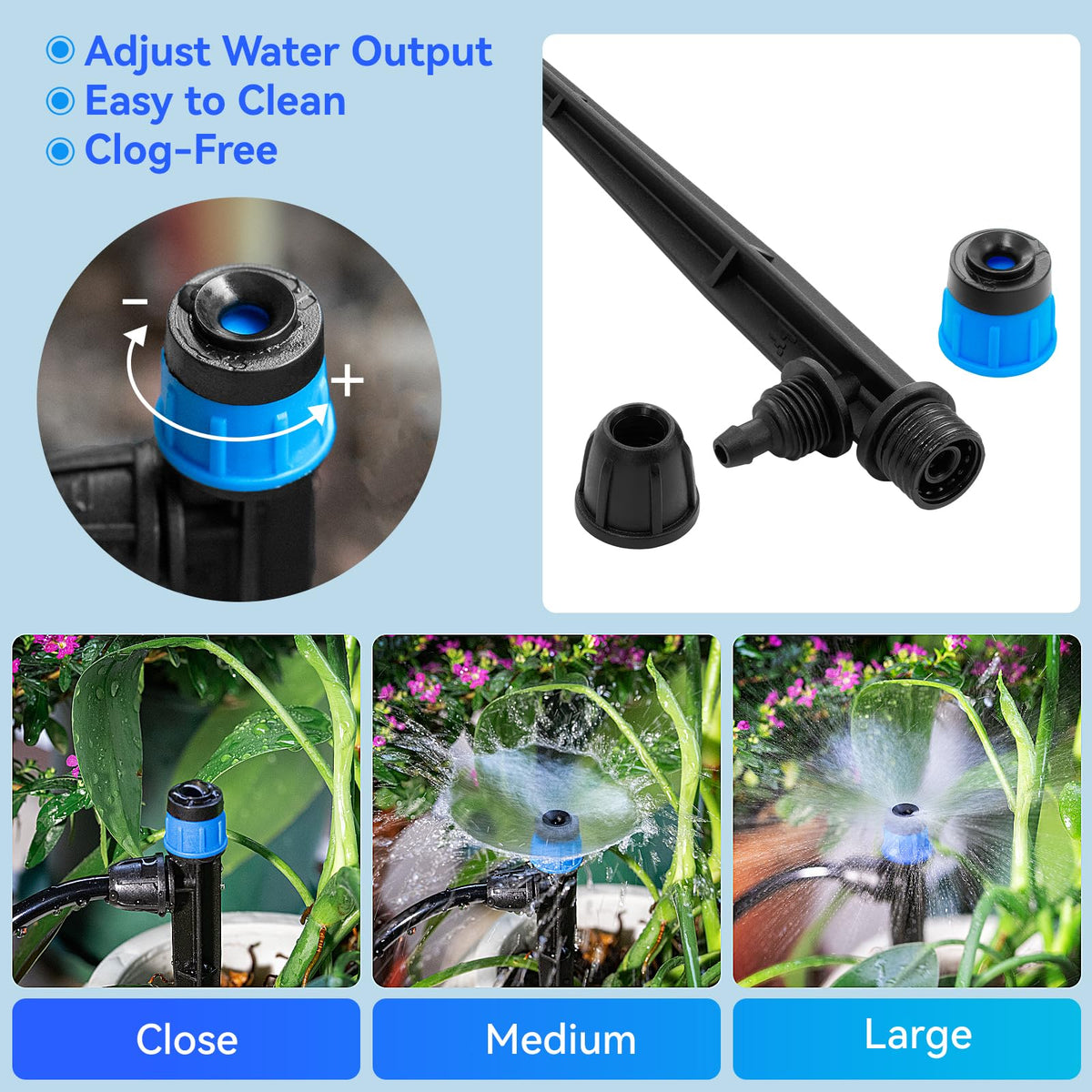 Yulaiyoen fan-shaped water flow emitter provides even distribution for beds and pots.