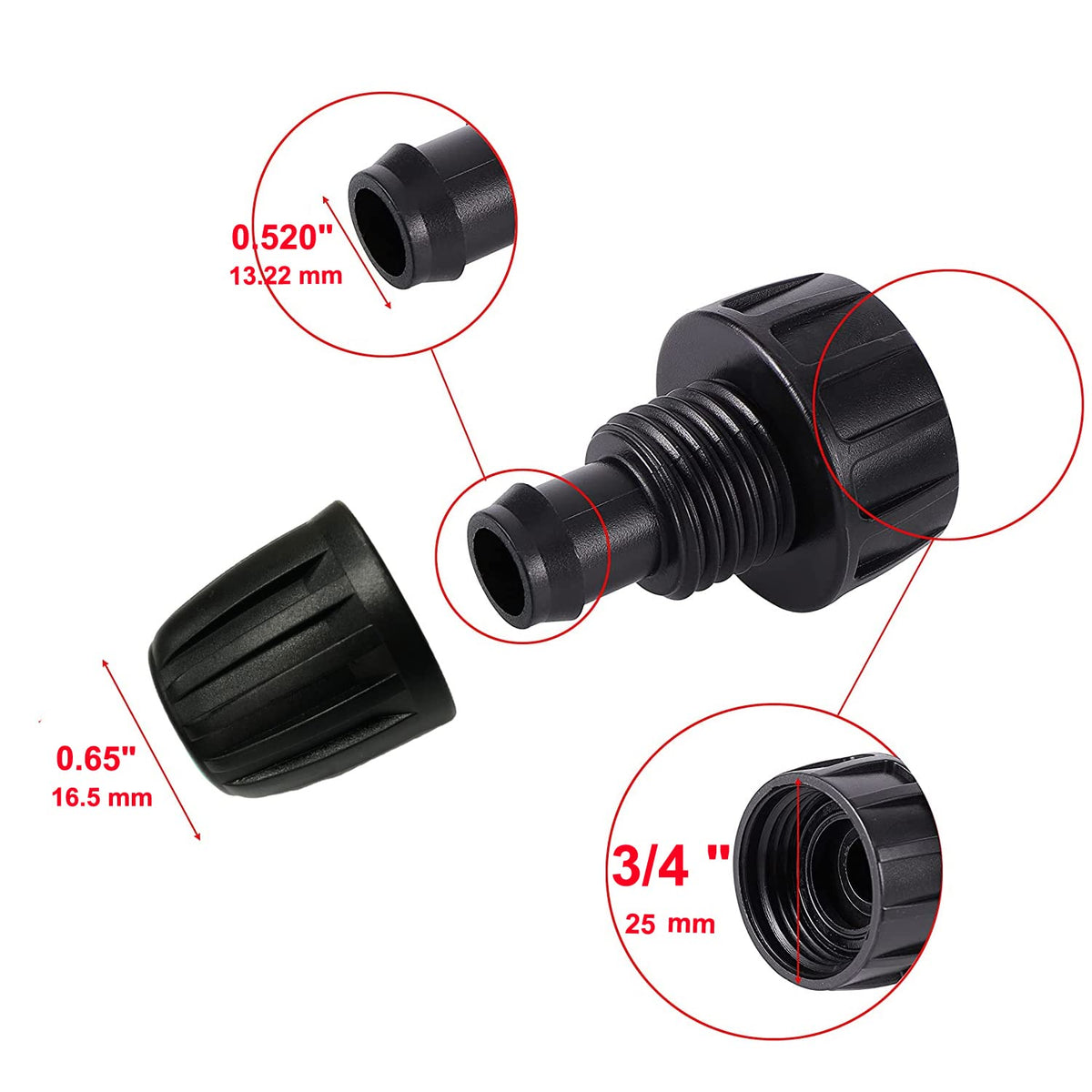 Yulaiyoen three-quarter to half-inch adapter in-use on a faucet for garden irrigation.