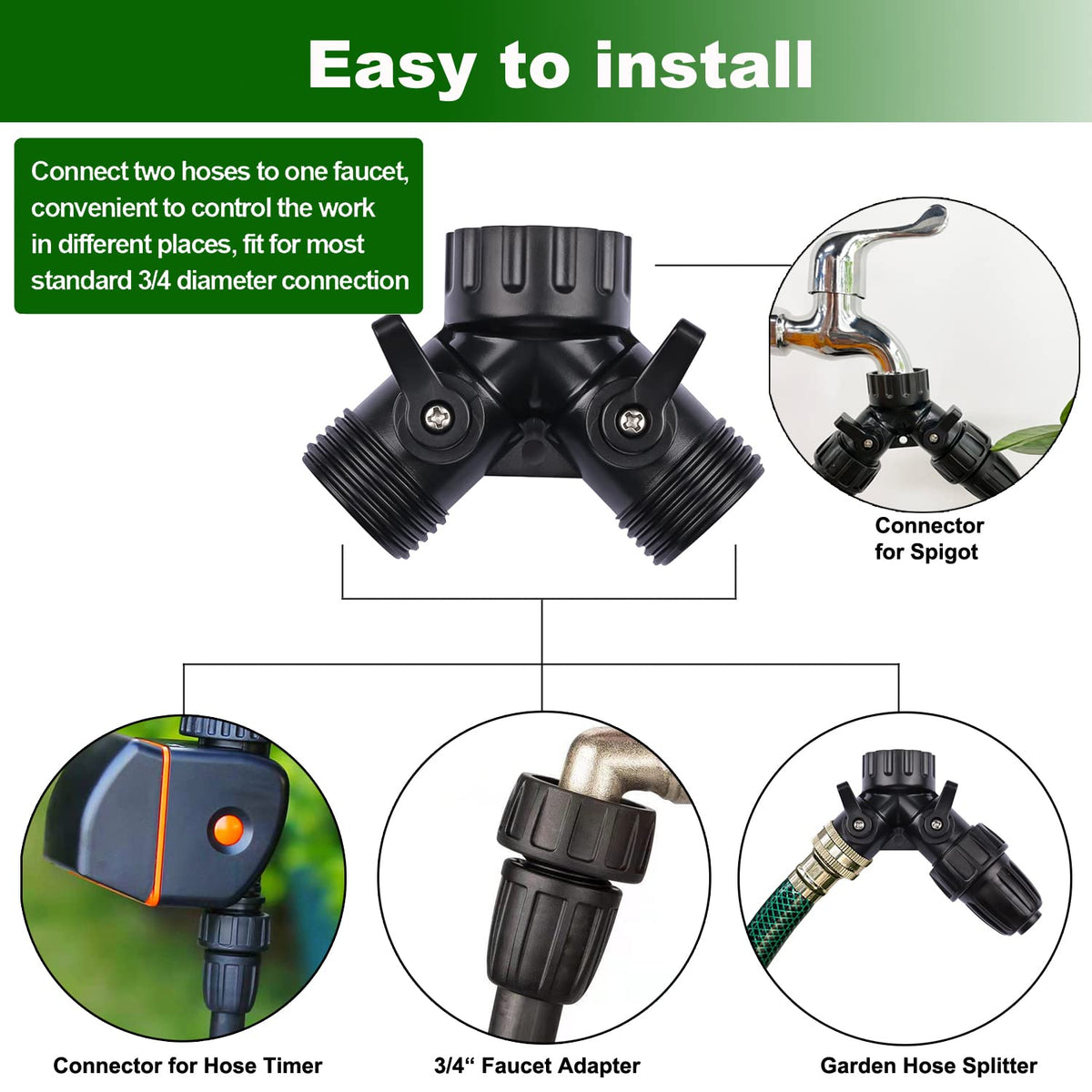 Yulaiyoen two-way Y-splitter distributes water to drip tubing and garden hose