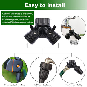 Yulaiyoen two-way Y-splitter distributes water to drip tubing and garden hose