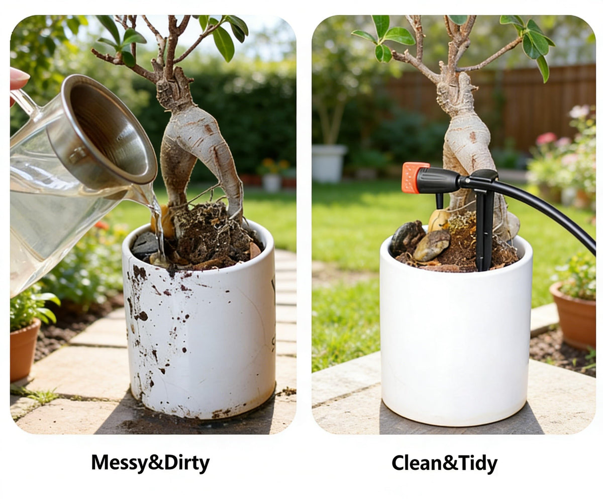 Yulaiyoen 30-pack emitters show water-saving, low-maintenance garden irrigation.
