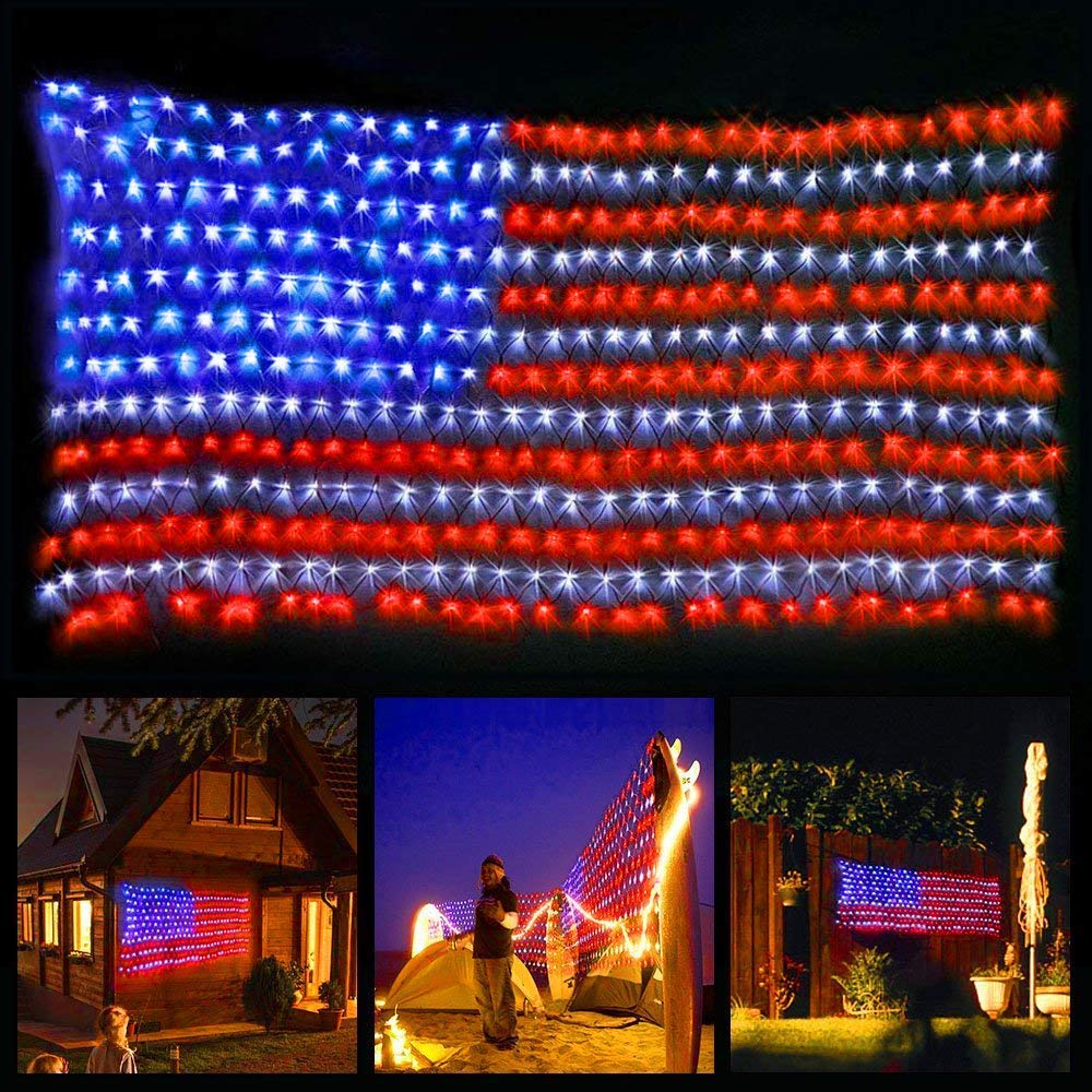 YULIANG LED American flag lights net outdoors with vivid patriotic glow for celebrations.