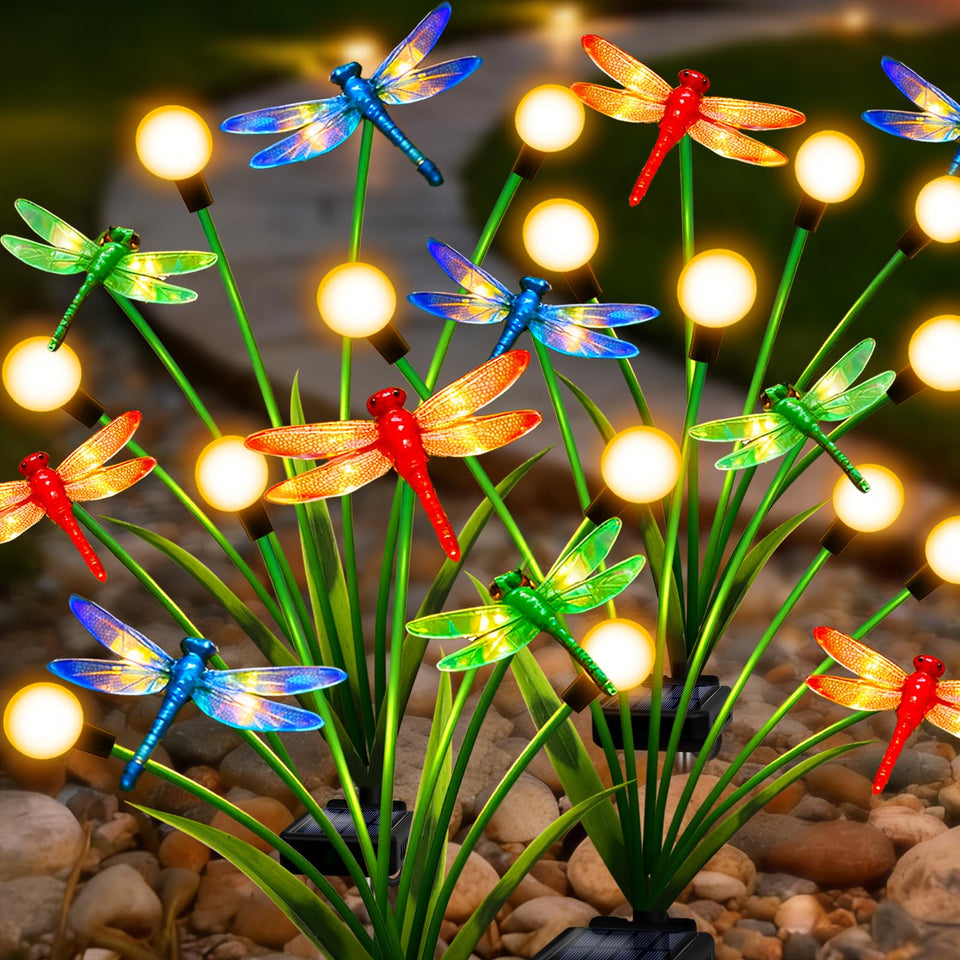 Yulloyello dragonfly garden stake adds whimsy to your yard at dusk.