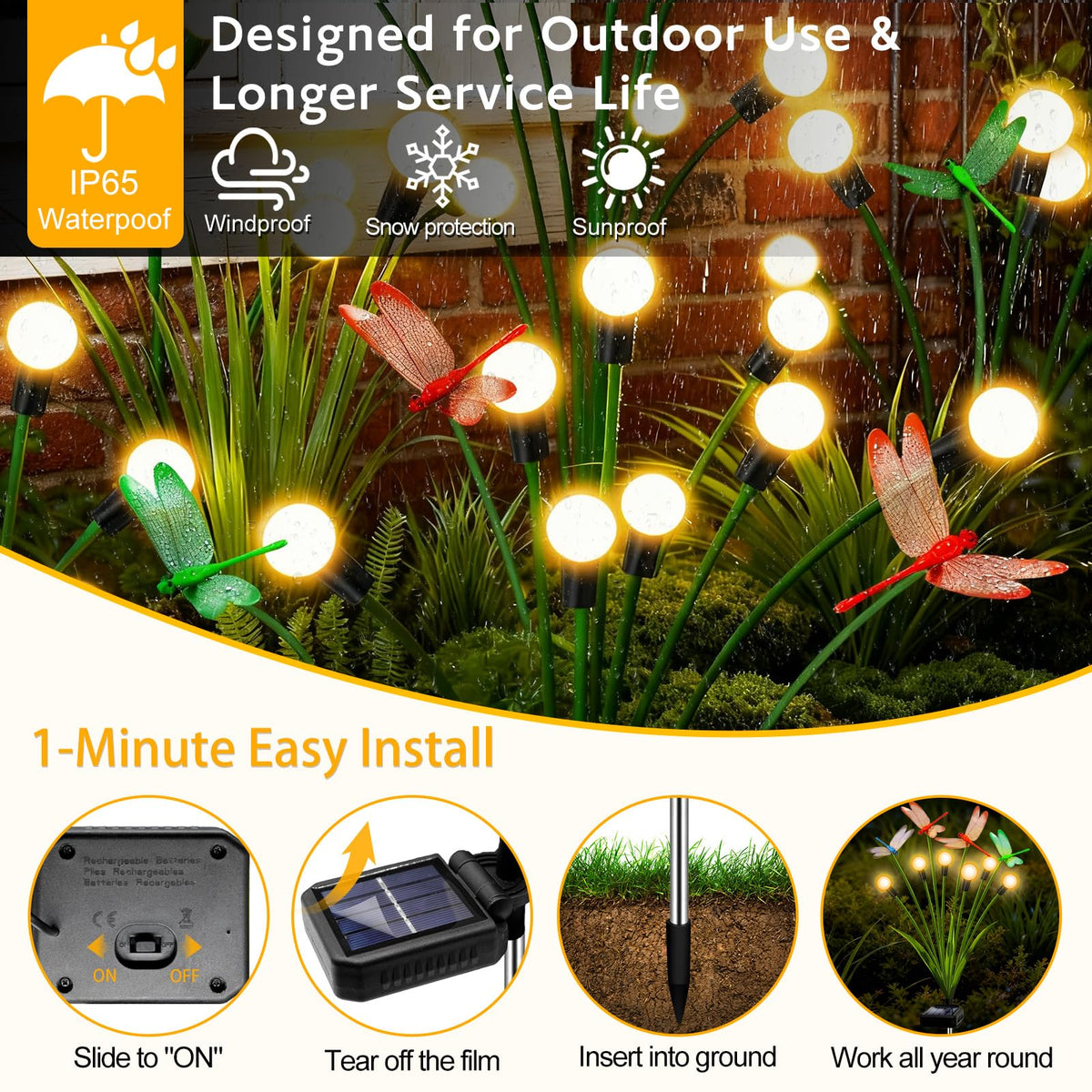 Yulloyello IP65 weatherproof dragonfly lights stand up against rain and frost.