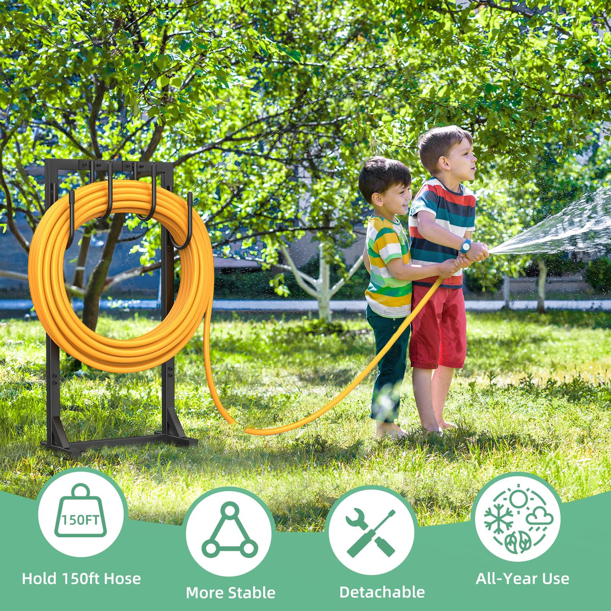 Yumatum holds up to 150ft hose for organized outdoor storage.