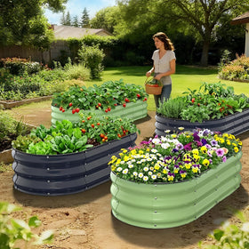 Yumatum balanced metal bed assembly view shows stable outdoor planter.