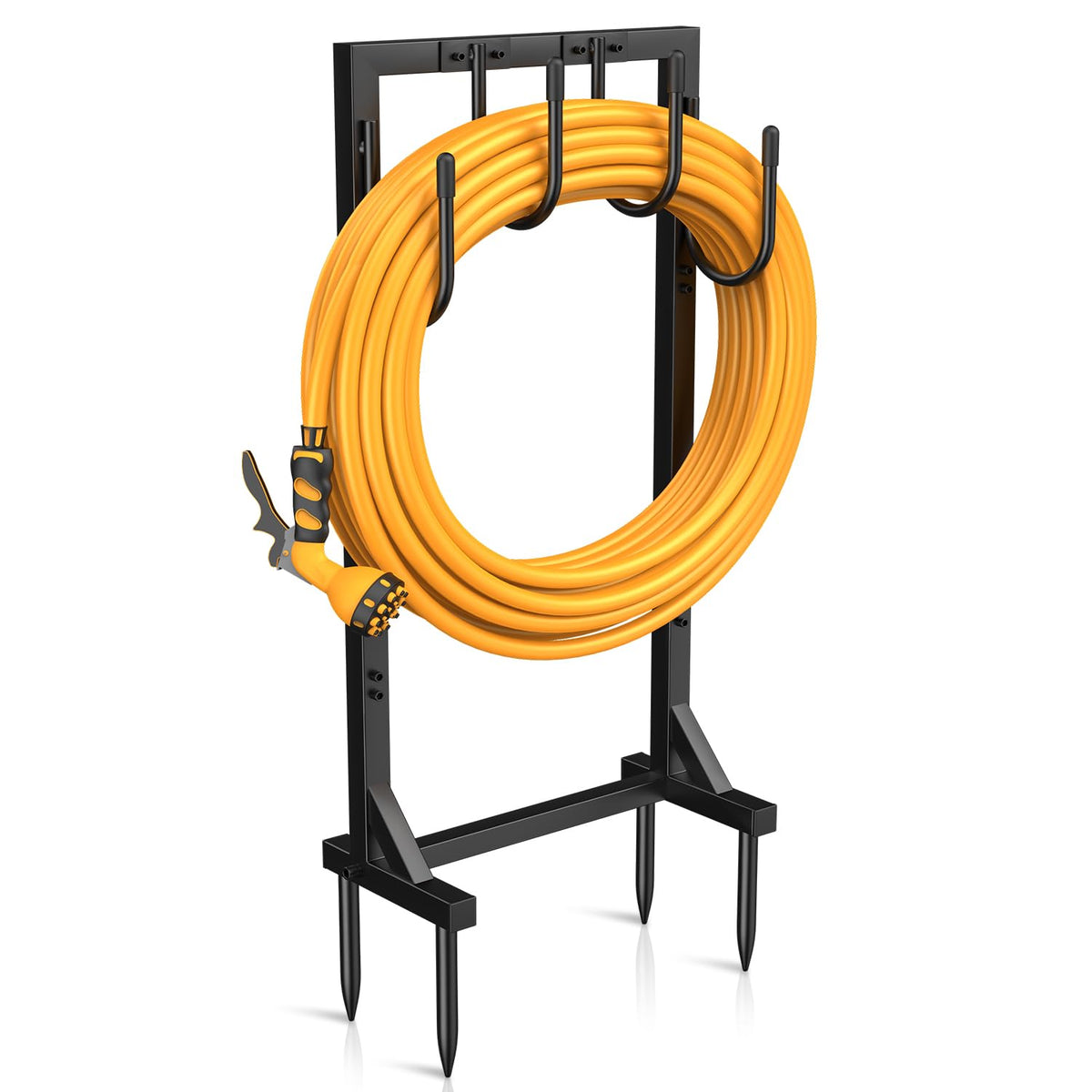 Yumatum Garden Hose Holder Reel on a patio with a neatly wound hose for easy access.