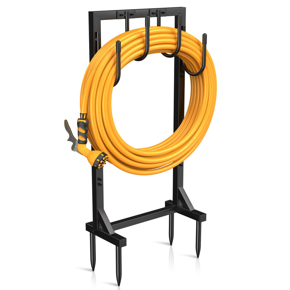 Yumatum Garden Hose Holder Reel on a patio with a neatly wound hose for easy access.