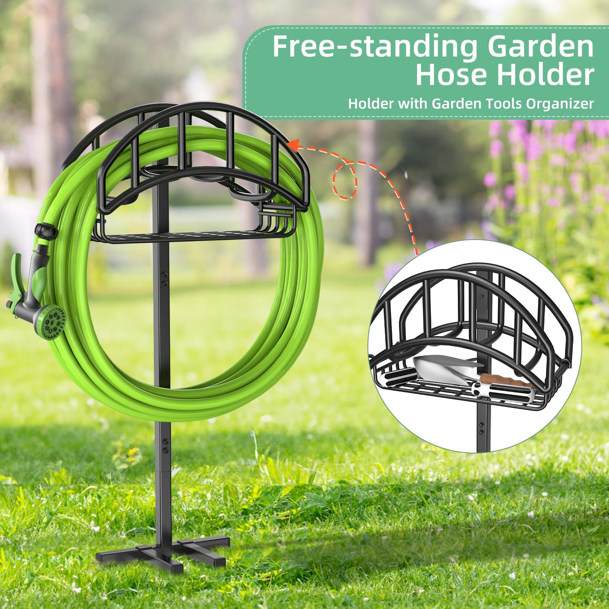 Detachable Yumatum hose holder design allows easy off-season storage.