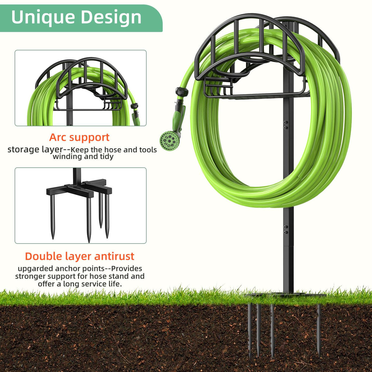 Yumatum hose holder with storage basket keeps small tools within reach.