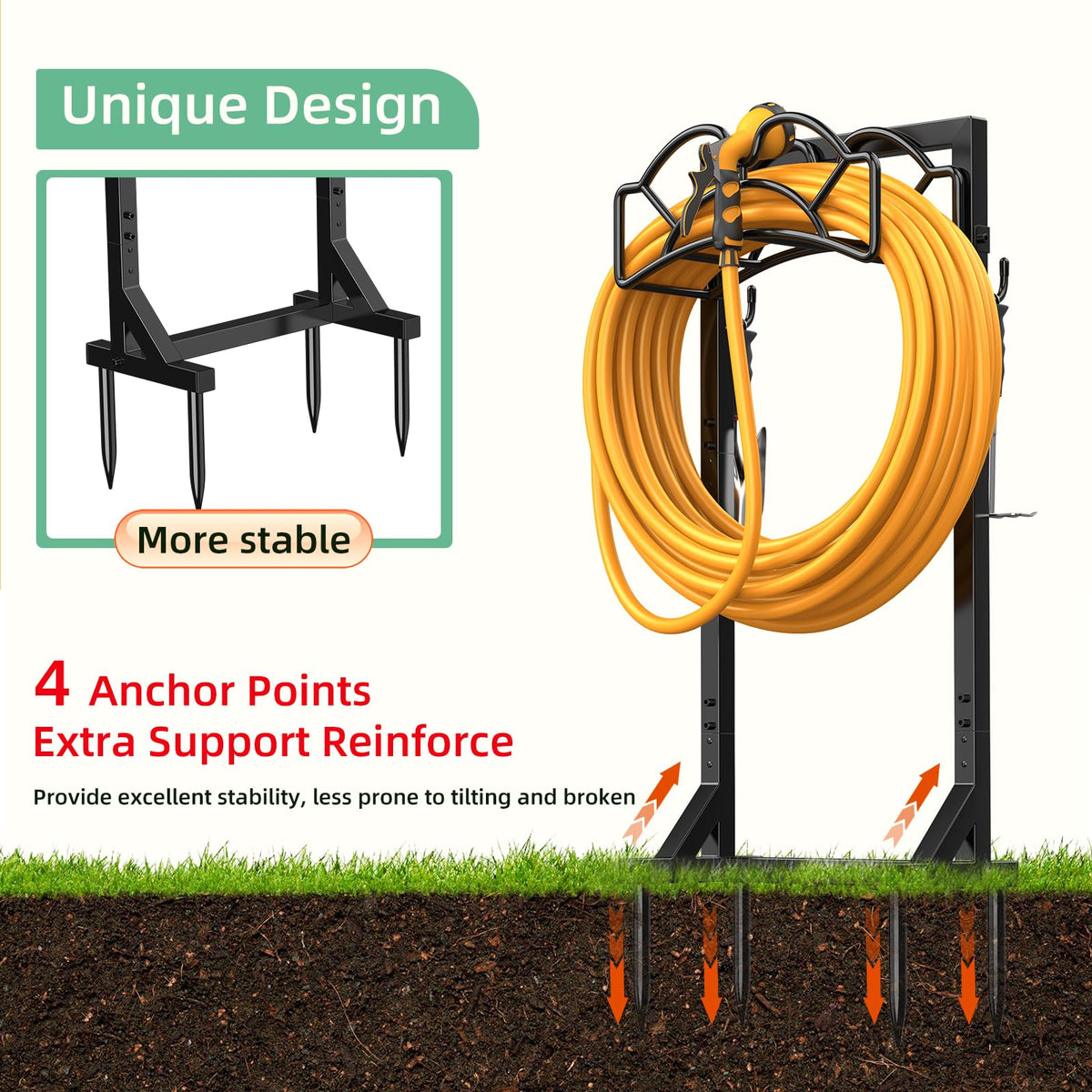 Yumatum hose reel showing a large fan-shaped holder to maximize space.